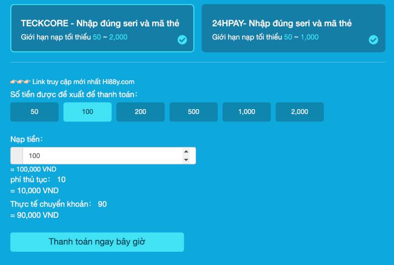 Nạp Tiền Trực Tiếp Hi88 Qua Thẻ Cào Điện Thoại 